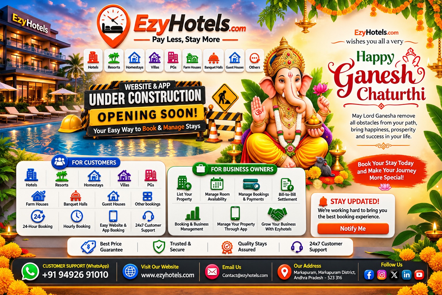 EzyHotels.com — Website & App Under Construction. Opening Soon! Pay Less, Stay More. Customer support (WhatsApp) +91 94926 91010, Contact@ezyhotels.com.